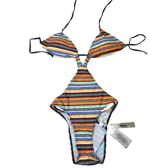 NEW Sexy Cut Out Sliding Triangle Low Back Monokini One Piece Swimsuit Aztec LG - Picture 2 of 6